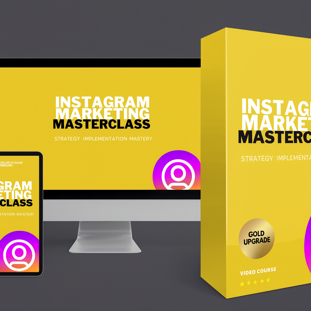 Yellow 'Instagram Marketing Masterclass' package with digital device on a dark background