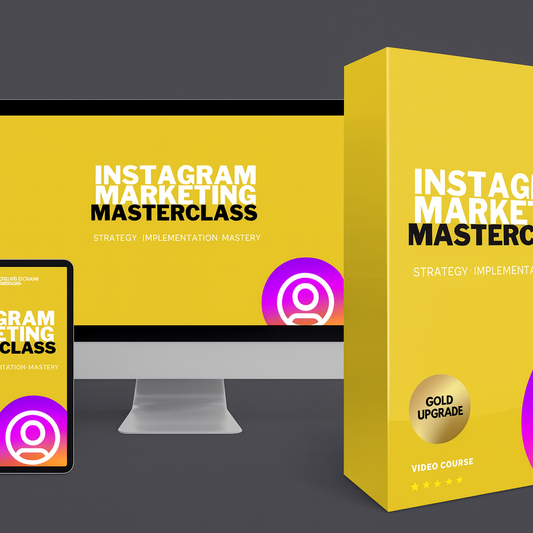 Yellow 'Instagram Marketing Masterclass' package with digital device on a dark background